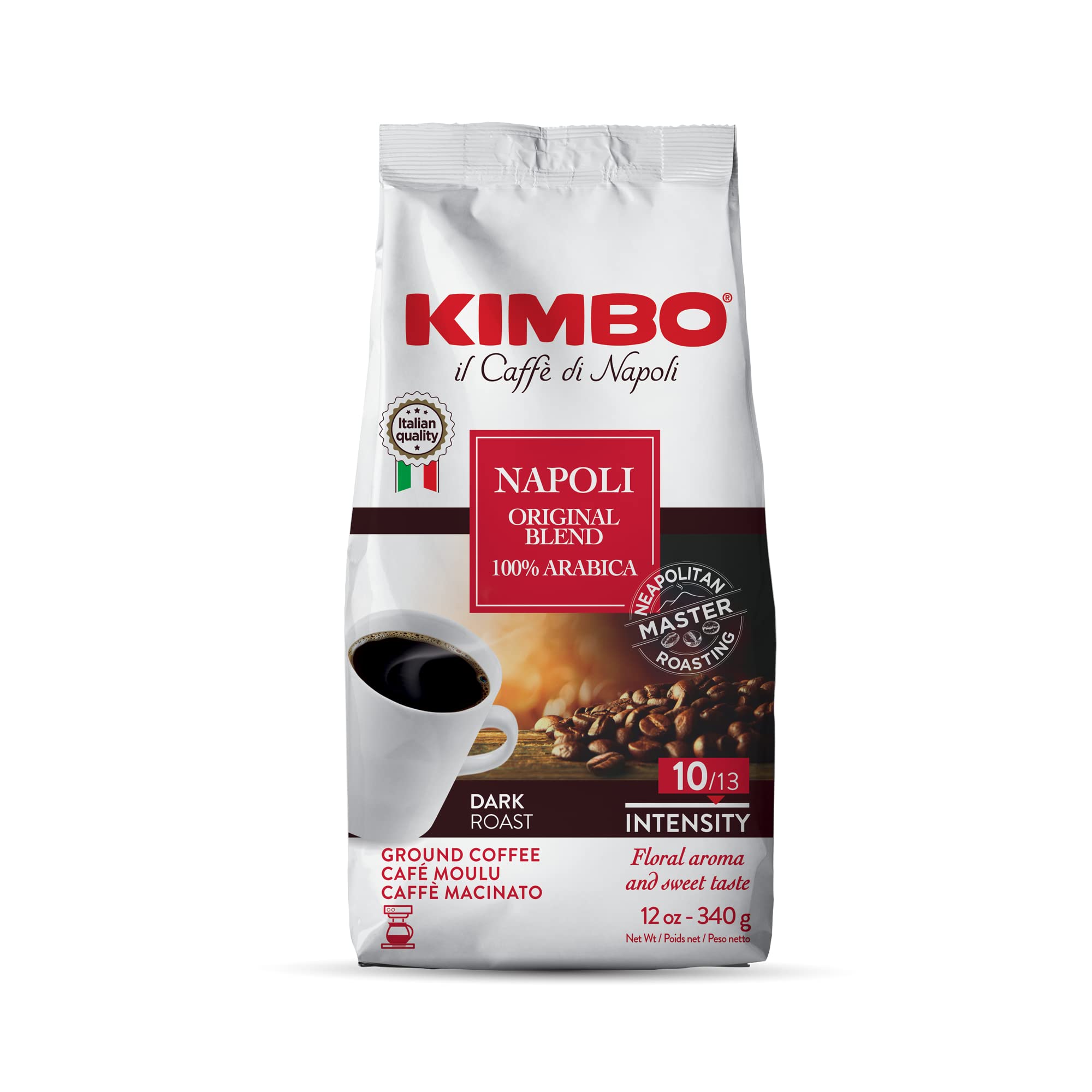 Kimbo Napoli Original Blend 100% Arabica Ground Coffee | 10/13 Intensity | Dark Roast with Floral & Sweet Flavor | 12 oz (340g) bag